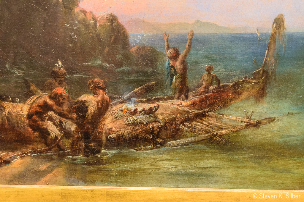 Torres Straight Canoe and 5 men painting - detail. (1/15 sec at f / 5.6,  ISO 3200,  36 mm, 18.0-55.0 mm f/3.5-5.6 ) November 14, 2023