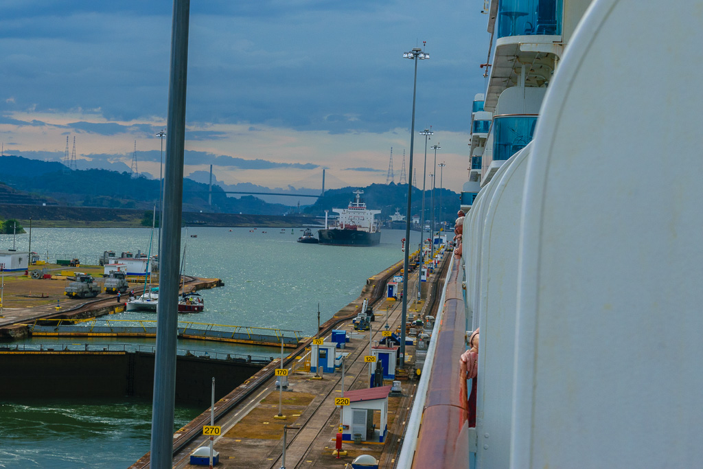 Next ship lined up, waiting for lock to fill. (1/500 sec at f / 11,  ISO 400,  55 mm, 18.0-55.0 mm f/3.5-5.6 ) May 01, 2023